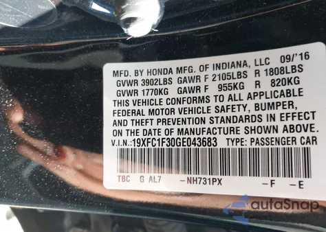 2016 Honda Civic Ex-T z USA, uszkodzony, nr VIN 19XFC1F30GE043683